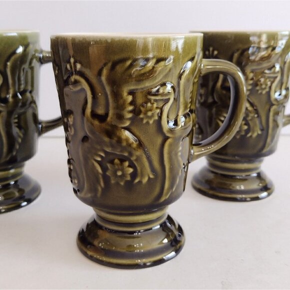 Vintage (3) Mid Century Selca Portugal Pottery Pedestal Mugs Green Birds Floral - Picture 7 of 13